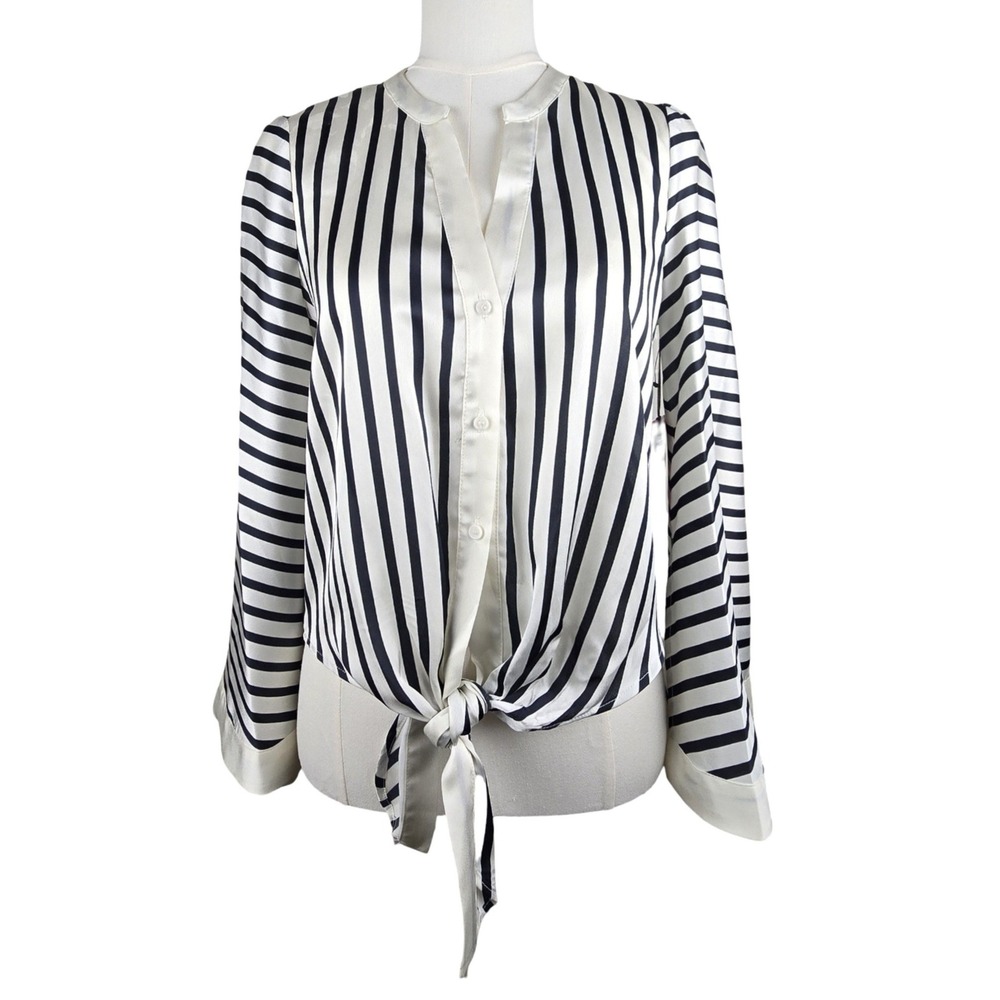 Vince Camuto Blouse Women XS Black Cream Striped Tie Front Bell Sleeve NWT